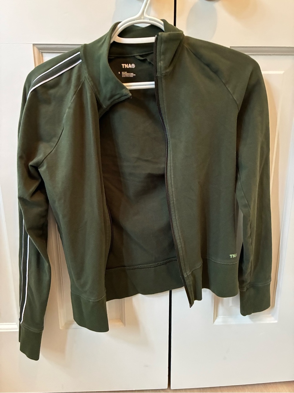 Aritzia Olive Green Bomber Jacket with White Stripe Detail